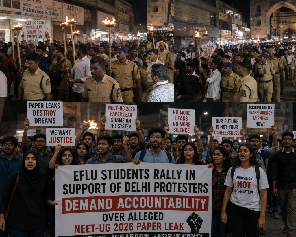 EFLU students rally in support of Delhi protesters, Demand Accountability Over Alleged NEET-UG 2026 Paper Leak