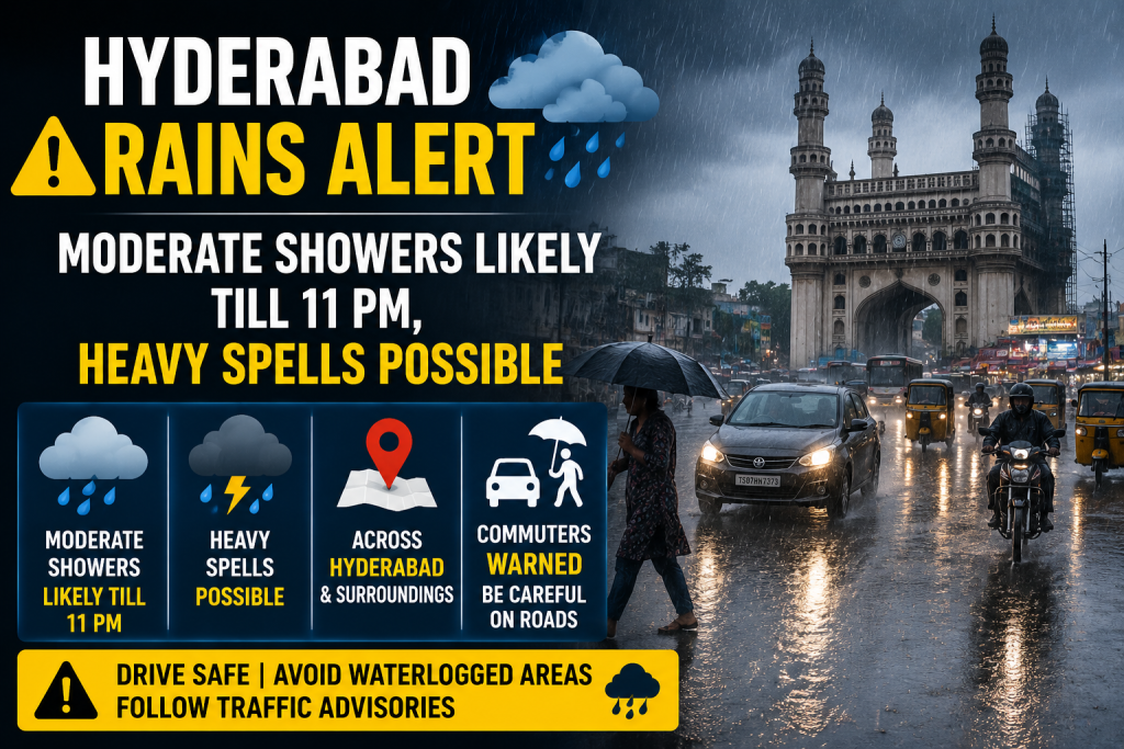 Hyderabad Rains Alert Moderate Showers Likely Till 11 PM, Heavy Spells Possible; Commuters Warned