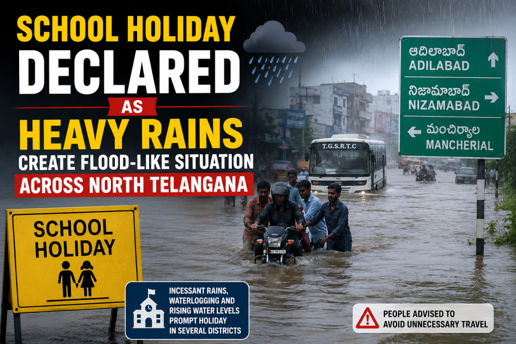 School Holiday Declared as Heavy Rains Create Flood-Like Situation Across North Telangana