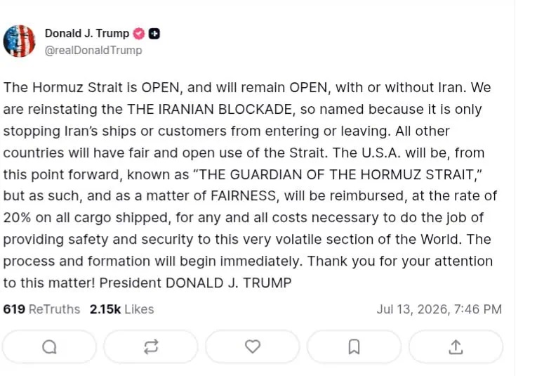 Trump Declares US Will Become ‘Guardian’ of Strait of Hormuz, Plans to Collect Tolls
