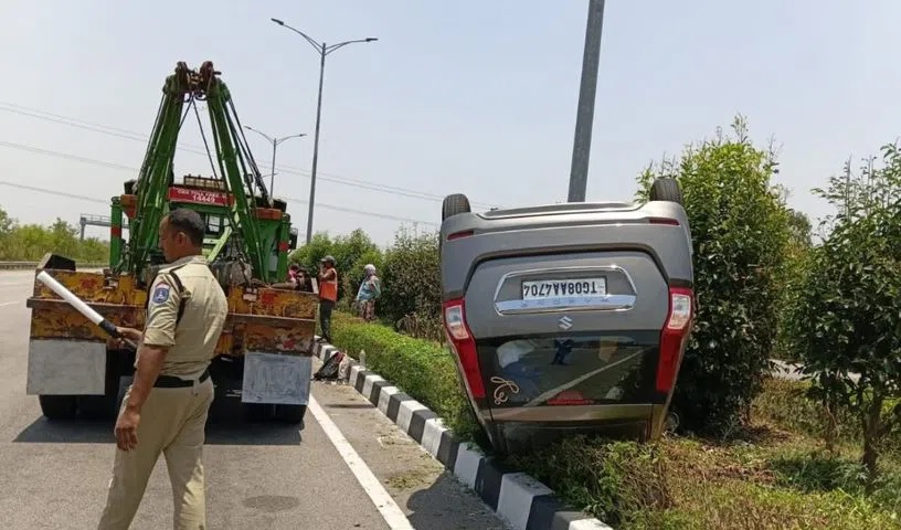 Two injured as car overturns after hitting divider in Hyderabad