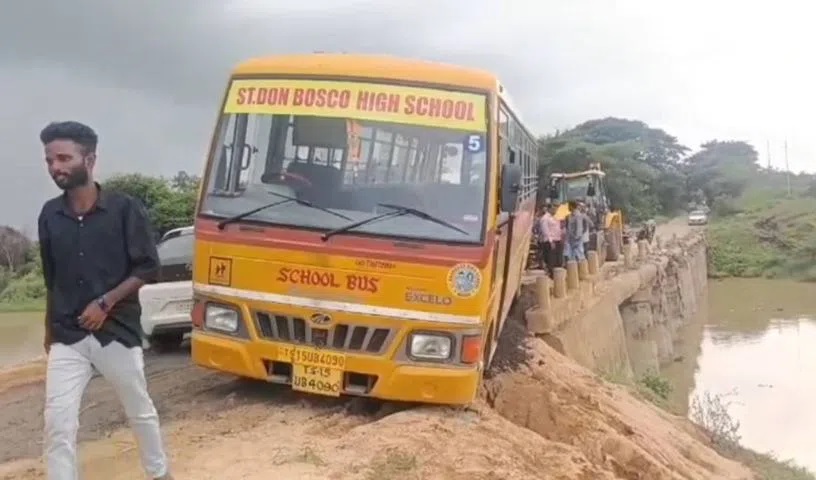 32 Students Have Miraculous Escape as School Bus Gets Stuck on Collapsed Bridge Near Medak