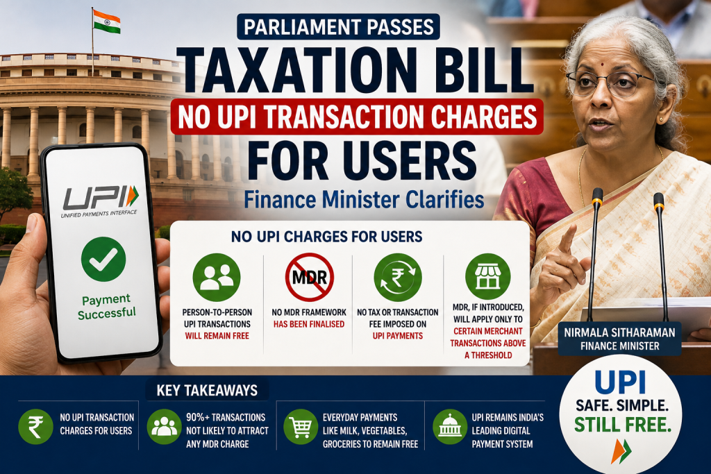 Parliament Passes Taxation Bill: No UPI Transaction Charges for Users, Finance Minister Clarifies