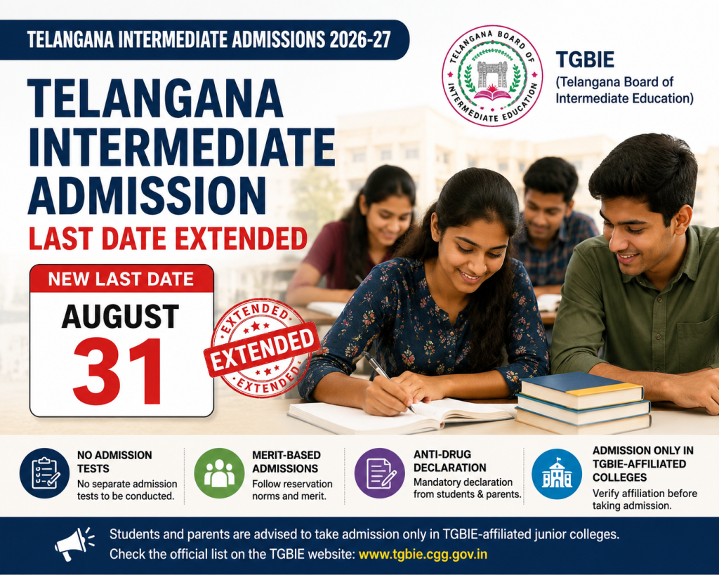 Telangana Intermediate Admission Last Date Extended to August 31